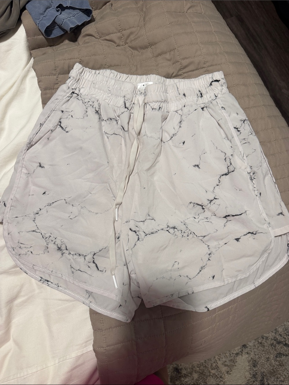 BuffBunny White Marble Print Athletic Shorts